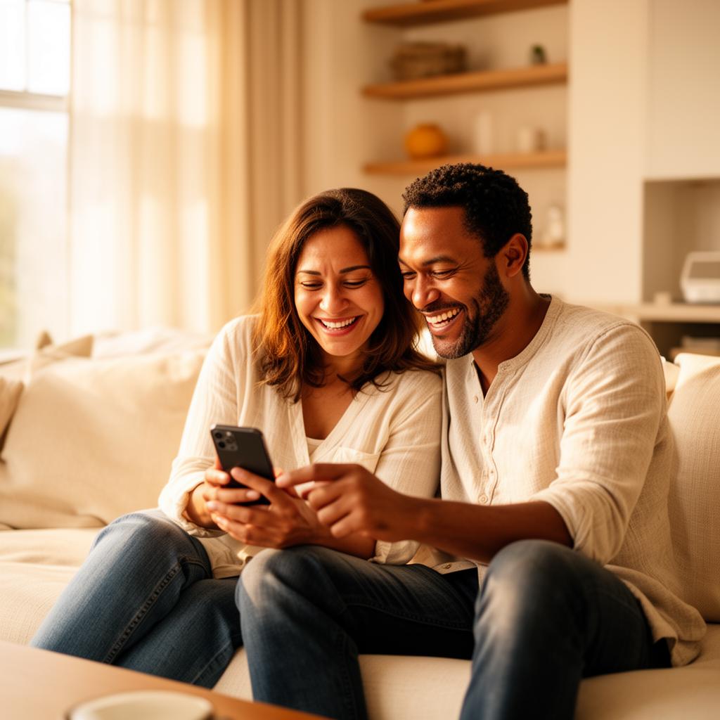Happy couple checking financing approval on a smartphone at home