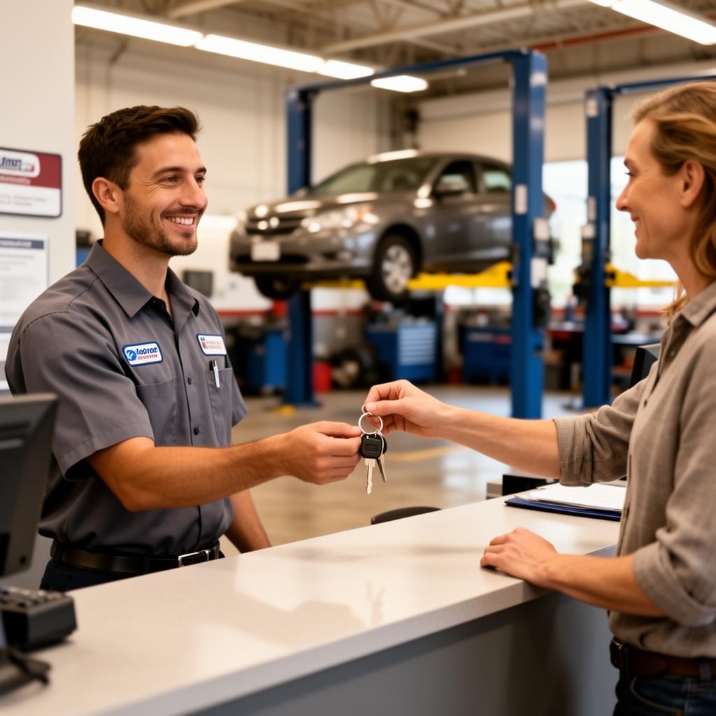 Auto mechanic handing keys back to customer at service counter