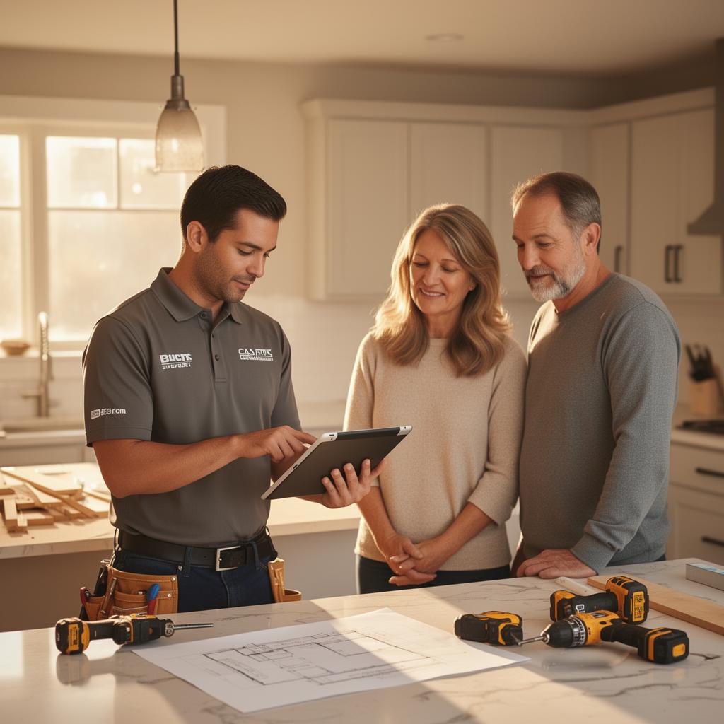 Contractor reviewing a project estimate with homeowners on a tablet