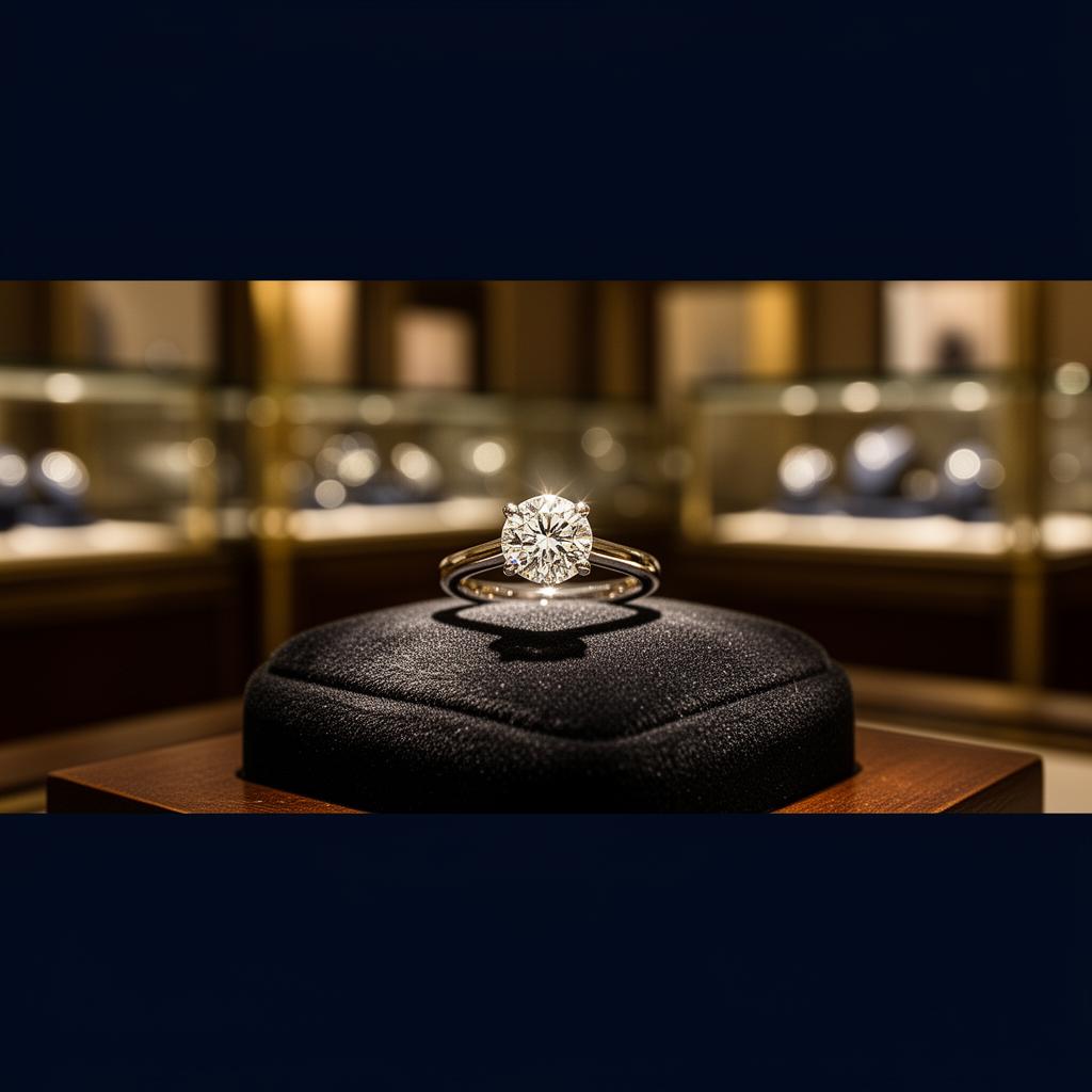 Diamond engagement ring on a black velvet display in a jewelry showroom