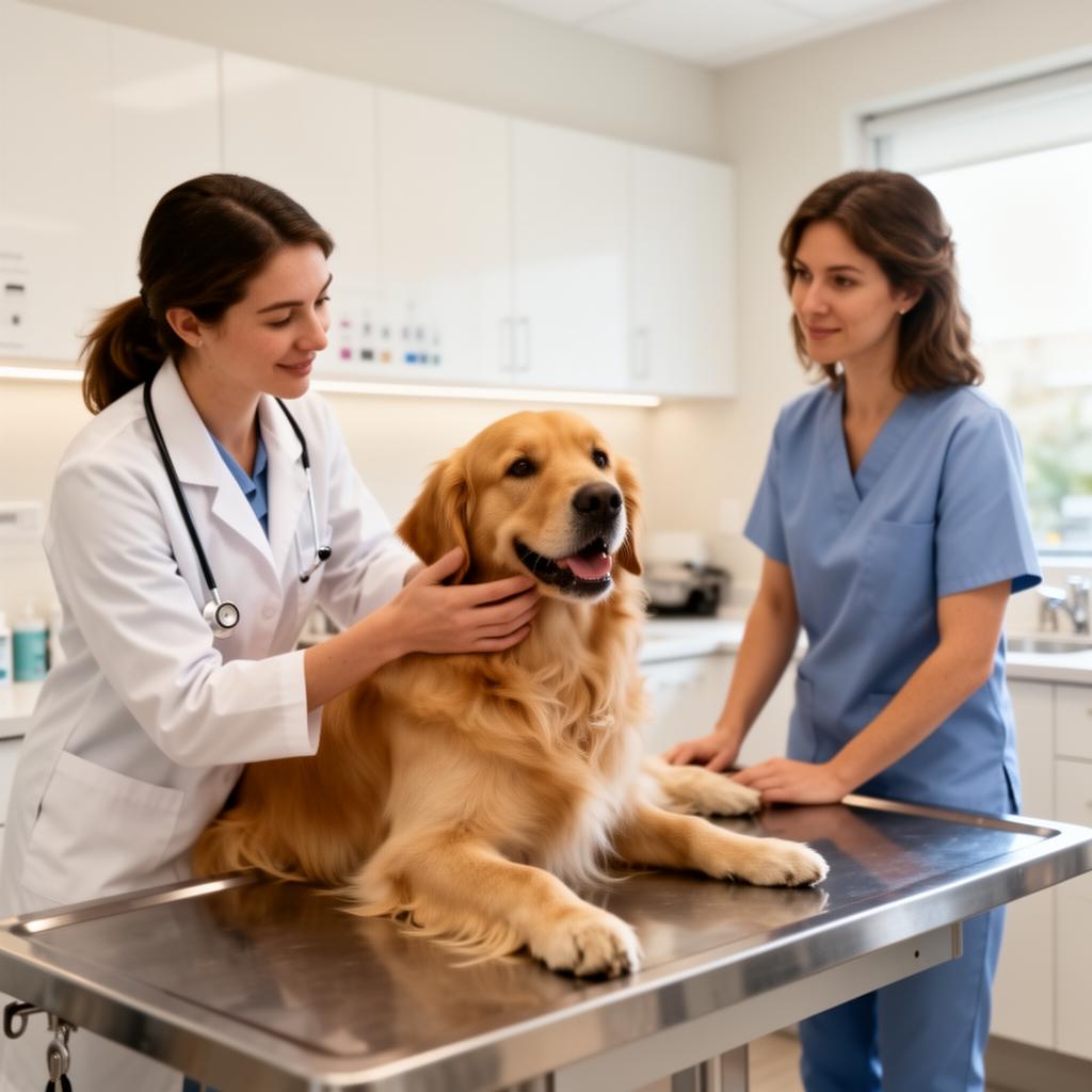 Veterinarian examining a happy golden retriever with the pet owner nearby